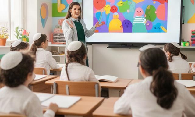 Bais Yaakov classroom with students seated at desks and a teacher reviewing an educational cartoon channel