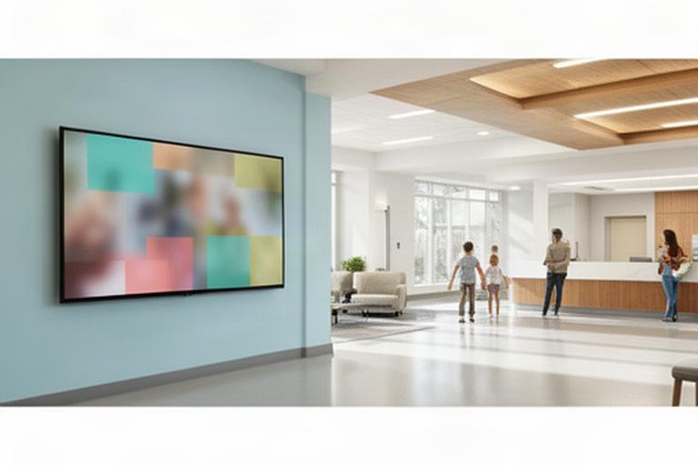 Bright Lakewood community center lobby with a wall-mounted TV showing local announcements and family programming