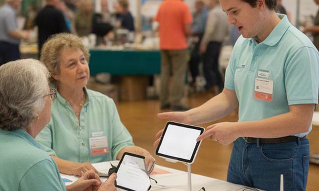 Tech fair table where a Forest Connect team member explains streaming to Lakewood Township residents