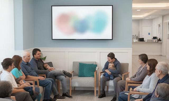 Lakewood Hatzolah waiting room with families seated beneath a screen showing community announcements