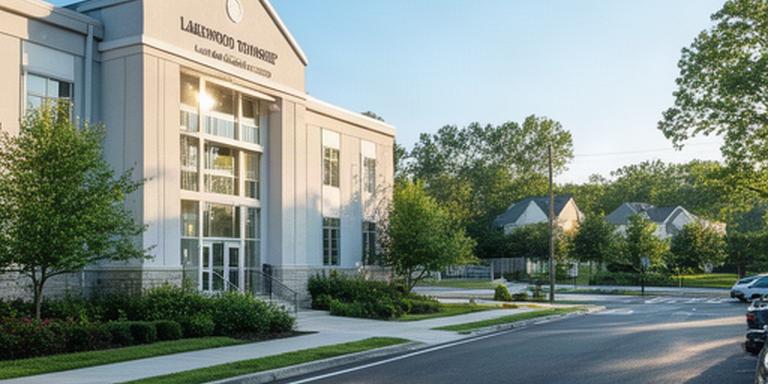 Lakewood Township civic building and nearby New Jersey street under a bright morning sky