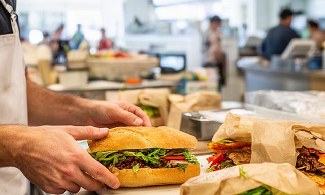 Cook preparing a local sandwich at a bright Ocean County market counter