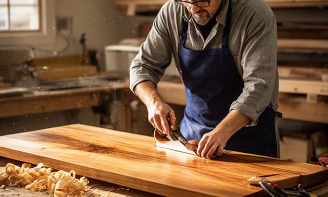 Woodworker shaping a handmade table in an Ocean County workshop