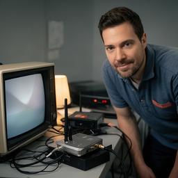 Leó Cerbantez testing streaming equipment and an older television in the tech room