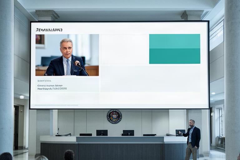 Town hall meeting interface on a large screen in a municipal building with speaker details and public notices